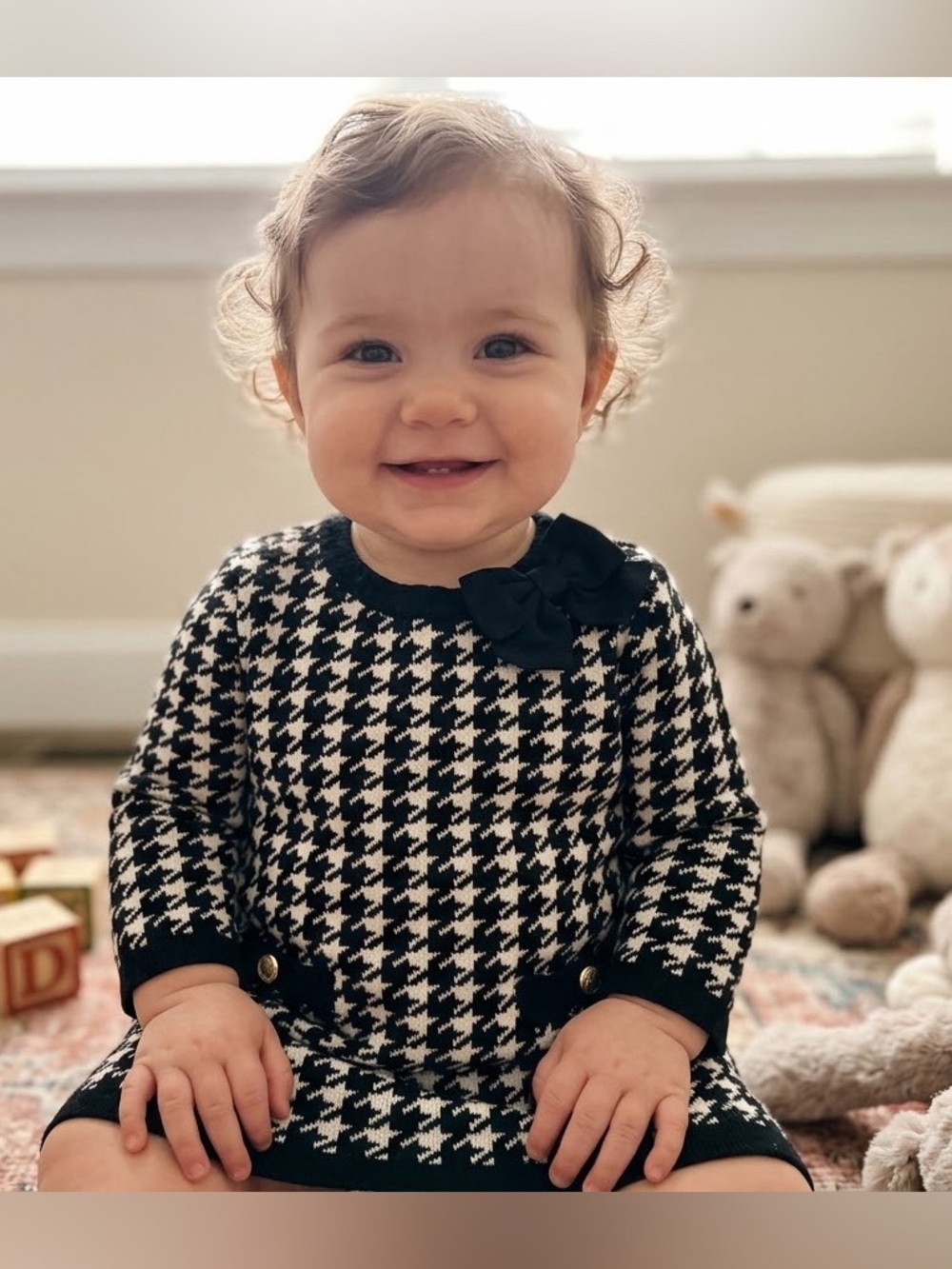 Hope & Henry 12 Month Girls Black & White Houndstooth Crewneck Dress, Cotton